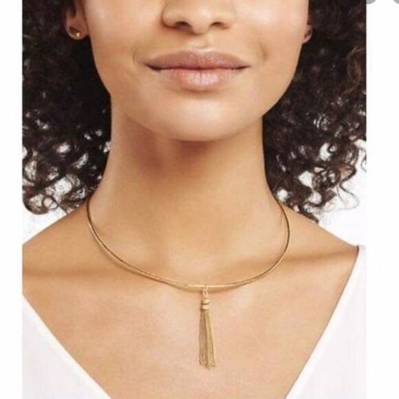 NWT Stella & Dot Gold Collar Necklace Removable Tassel Pendant Adjustable Choker - Picture 2 of 6